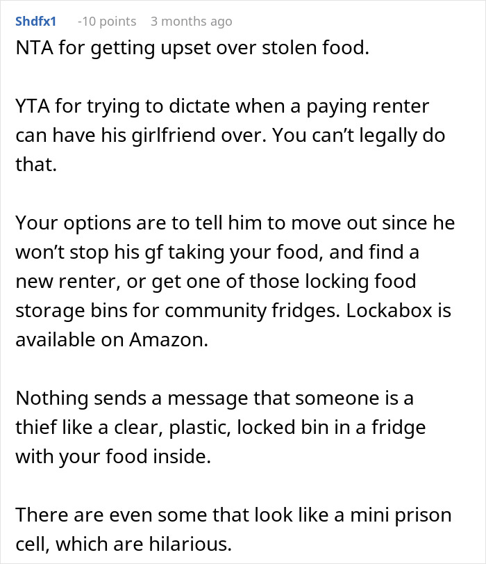Text discussing roommate conflict over food theft and suggestions for locked storage solutions. Text discussing roommate conflict over food theft and suggestions for locked storage solutions.