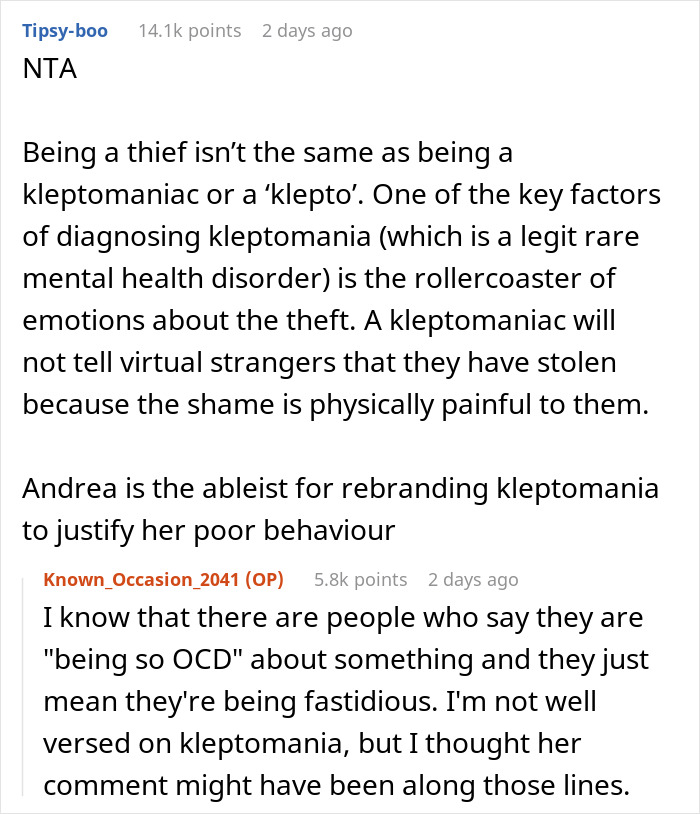 Text exchange discussing kleptomania and ableism in online comments. Text exchange discussing kleptomania and ableism in online comments.