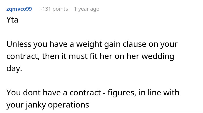 Comment discussing bridal shop contract issues and family feud over wedding dress. Comment discussing bridal shop contract issues and family feud over wedding dress.