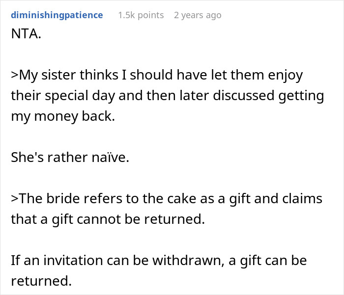 Reddit post discussing a canceled wedding cake order after the bride's ex-BFF was uninvited. Reddit post discussing a canceled wedding cake order after the bride's ex-BFF was uninvited.