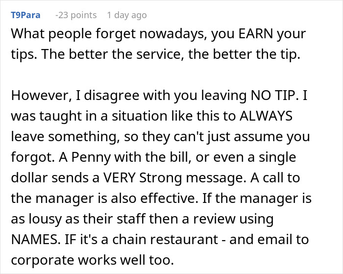 Reddit comment discussing service, tipping etiquette, and leaving feedback in restaurants. Reddit comment discussing service, tipping etiquette, and leaving feedback in restaurants.
