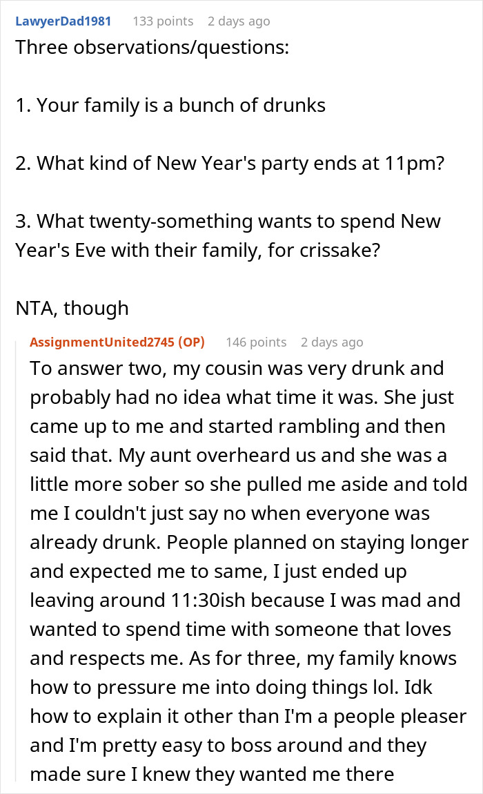 Reddit conversation about family New Year's Eve drama, featuring questions and detailed responses. Reddit conversation about family New Year's Eve drama, featuring questions and detailed responses.