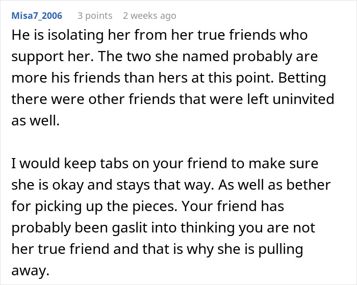 Comment about a woman's unexpected wedding invitation issue, mentioning friendship dynamics. Comment about a woman's unexpected wedding invitation issue, mentioning friendship dynamics.