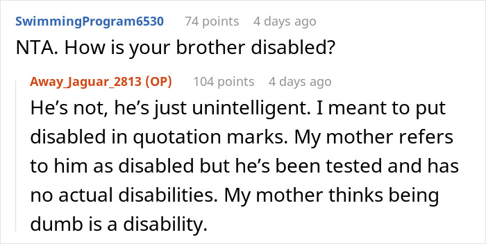 “Being Dumb Is A Disability”: Woman Cuts Parents Off After They Leave Everything To “Disabled” Son “Being Dumb Is A Disability”: Woman Cuts Parents Off After They Leave Everything To “Disabled” Son