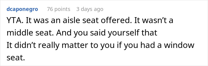 Reddit comment discussing preference for an aisle seat over letting father and son sit together. Reddit comment discussing preference for an aisle seat over letting father and son sit together.