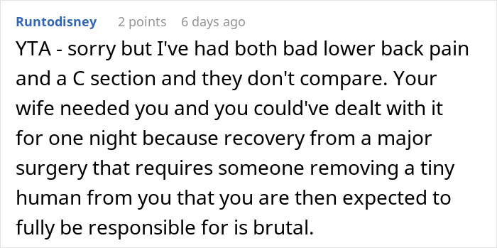 Reddit comment criticizing a man's lack of support for his wife post-C-section. Reddit comment criticizing a man's lack of support for his wife post-C-section.