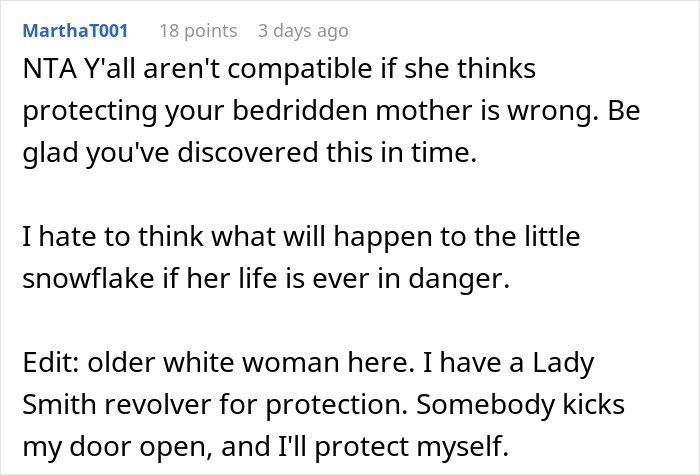 Comment discussing defending intruders with a gun for protection, mentioning an older woman's perspective on safety. Comment discussing defending intruders with a gun for protection, mentioning an older woman's perspective on safety.