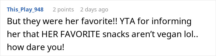 Comment discussing vegetarian food thief upset over non-vegan snacks. Comment discussing vegetarian food thief upset over non-vegan snacks.