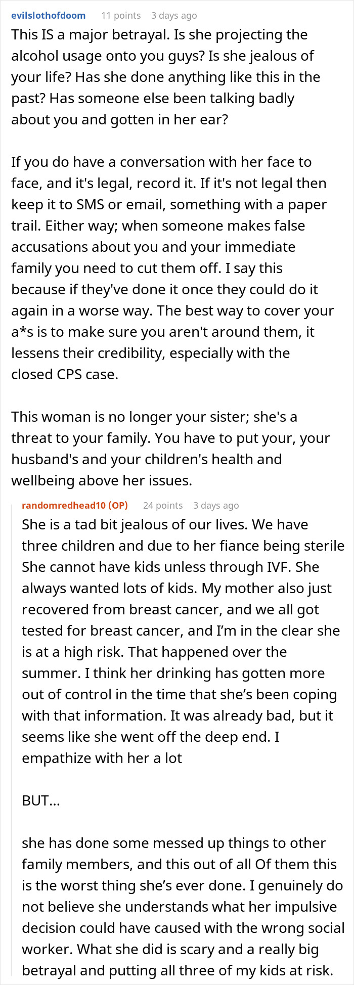 Text discussing a major betrayal and family conflict after a woman secretly called CPS. Text discussing a major betrayal and family conflict after a woman secretly called CPS.