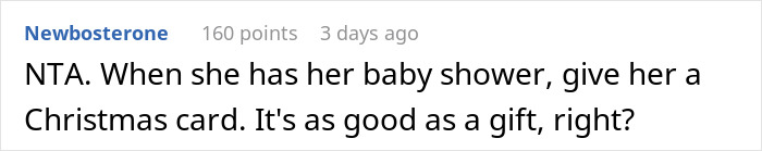 Reddit comment about pregnancy announcement and Christmas gift exchange. Reddit comment about pregnancy announcement and Christmas gift exchange.