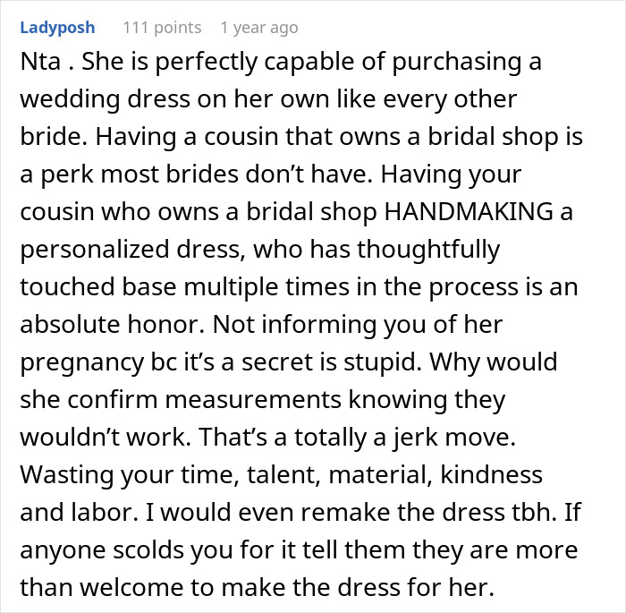 Text discussing bridal shop owner refusing to make free second wedding dress for cousin, sparking family feud. Text discussing bridal shop owner refusing to make free second wedding dress for cousin, sparking family feud.