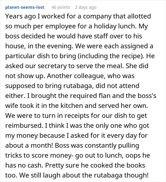 Text from an employee about a disappointing company appreciation potluck experience. Text from an employee about a disappointing company appreciation potluck experience.