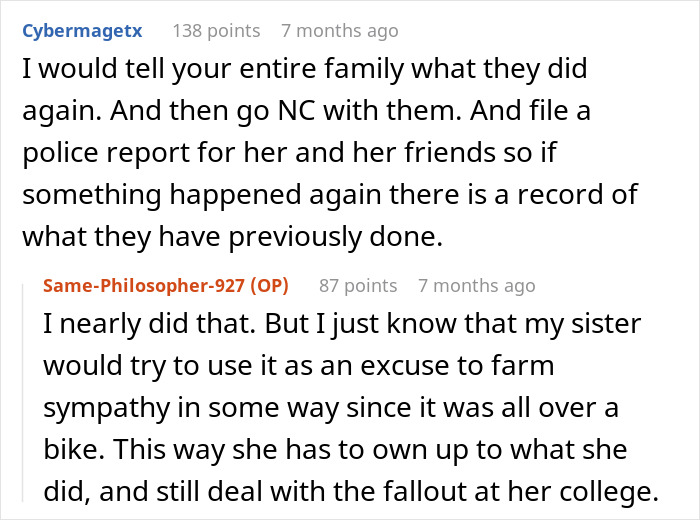 Reddit thread discussing a woman's actions after stealing and dumping her brother’s bike, causing a family dispute. Reddit thread discussing a woman's actions after stealing and dumping her brother’s bike, causing a family dispute.