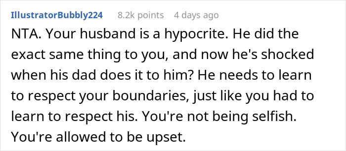 Reddit comment criticizing a man for ignoring his wife's privacy plea, calling him a hypocrite for being upset now. Reddit comment criticizing a man for ignoring his wife's privacy plea, calling him a hypocrite for being upset now.