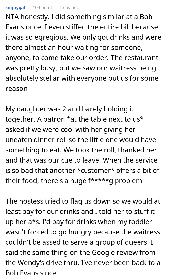 Text conversation about a forgotten restaurant experience and decision not to leave a tip. Text conversation about a forgotten restaurant experience and decision not to leave a tip.