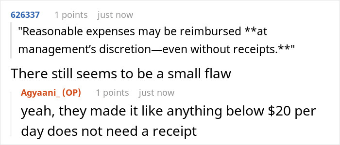 Text exchange on reimbursement policy without receipts; boss refuses $20 reimbursement, leading to $280 receipt compliance. Text exchange on reimbursement policy without receipts; boss refuses $20 reimbursement, leading to $280 receipt compliance.