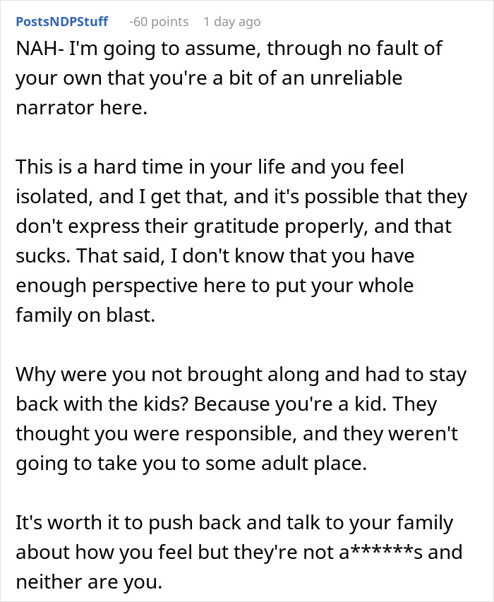 Reddit comment questioning a teen's perspective on family babysitting responsibilities. Reddit comment questioning a teen's perspective on family babysitting responsibilities.