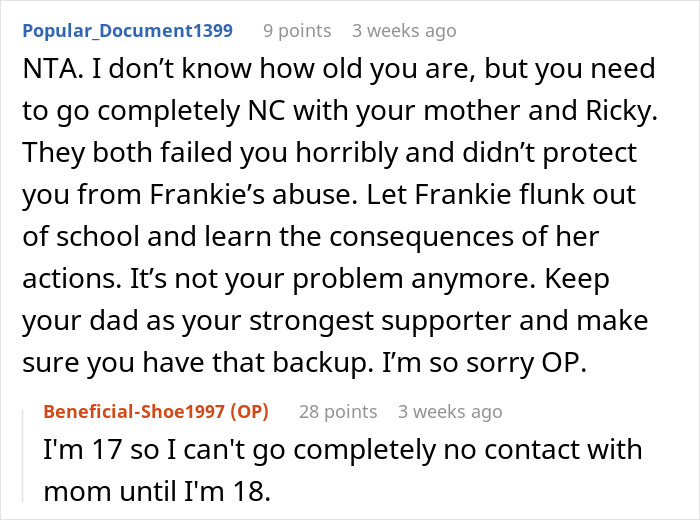 Reddit comment discussing bullying survival and family issues involving mom’s stepkid. Reddit comment discussing bullying survival and family issues involving mom’s stepkid.