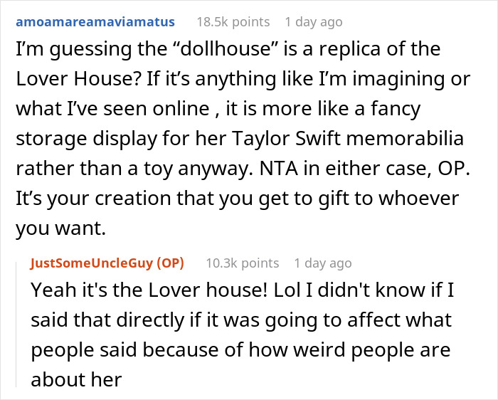 Comments discussing replica of a famous house gifted to wife, questioning about a dollhouse related to Taylor Swift. Comments discussing replica of a famous house gifted to wife, questioning about a dollhouse related to Taylor Swift.