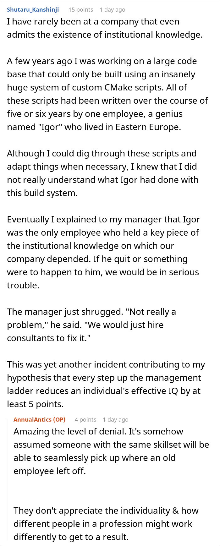 Reddit discussion on management, institutional knowledge, and software team issues. Reddit discussion on management, institutional knowledge, and software team issues.