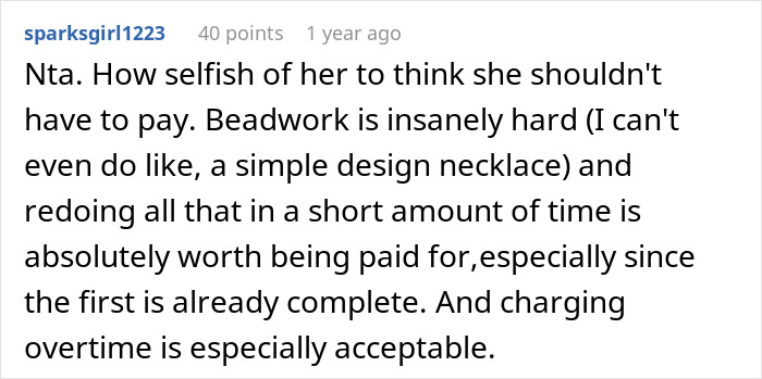 Reddit comment discussing bridal shop owner's decision, emphasizing the value of beadwork and fairness in payment. Reddit comment discussing bridal shop owner's decision, emphasizing the value of beadwork and fairness in payment.