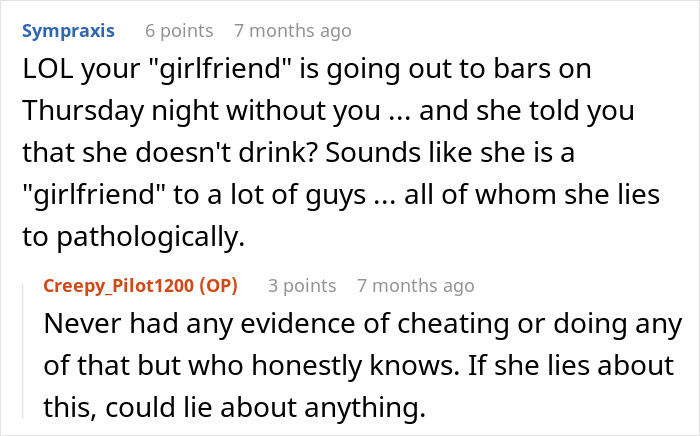 Comments discussing a girlfriend lying about not drinking when out at bars. Comments discussing a girlfriend lying about not drinking when out at bars.