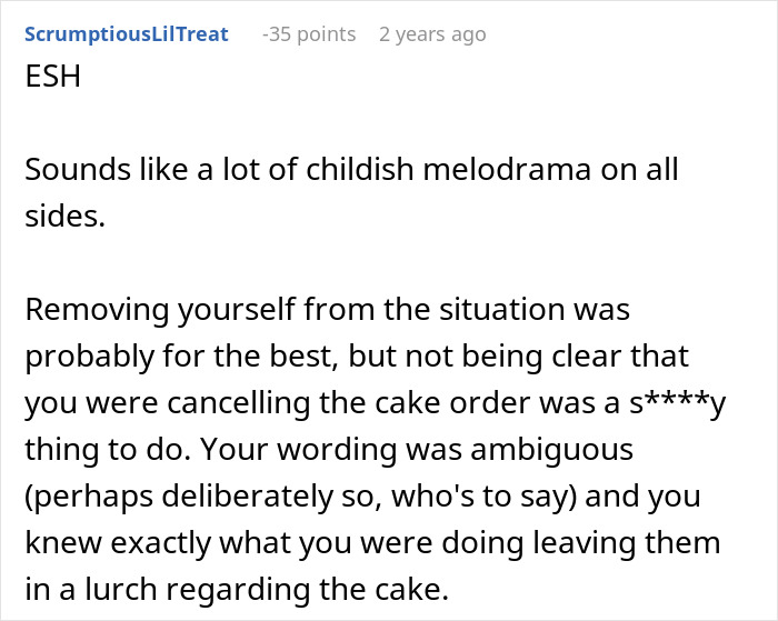 Forum comment discussing a wedding cake order cancellation and melodrama surrounding it. Forum comment discussing a wedding cake order cancellation and melodrama surrounding it.
