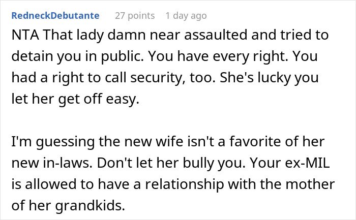 Text from a comment discussing the drama over a bracelet gift from an ex-MIL and the ex’s new wife's reaction. Text from a comment discussing the drama over a bracelet gift from an ex-MIL and the ex’s new wife's reaction.