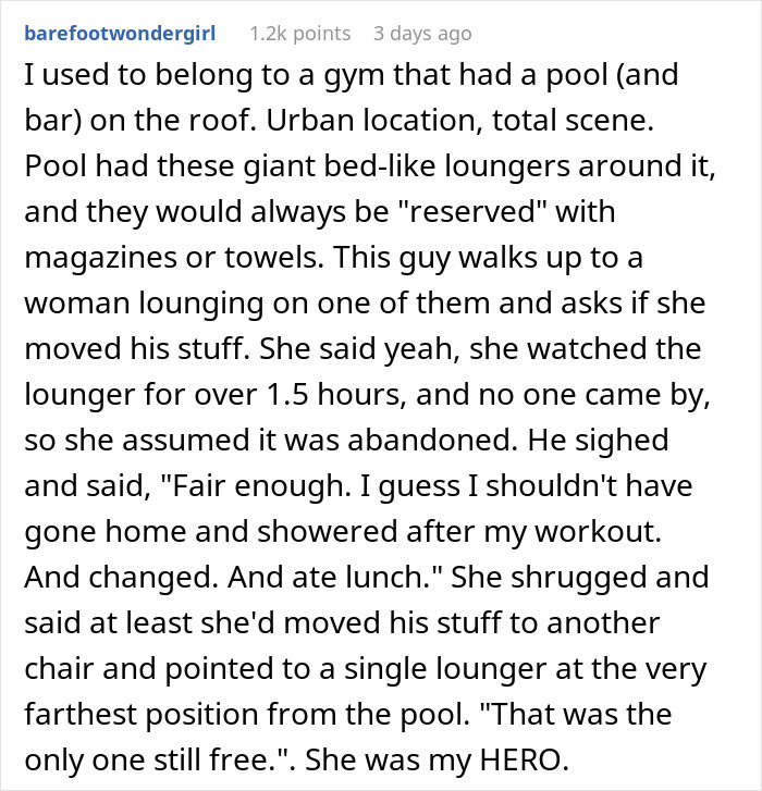 Text conversation about a man taking petty revenge on selfish resort guests by removing abandoned items from loungers. Text conversation about a man taking petty revenge on selfish resort guests by removing abandoned items from loungers.