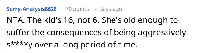Reddit comment discussing a teen upset with her dad's new girlfriend, mentioning consequences for behavior. Reddit comment discussing a teen upset with her dad's new girlfriend, mentioning consequences for behavior.