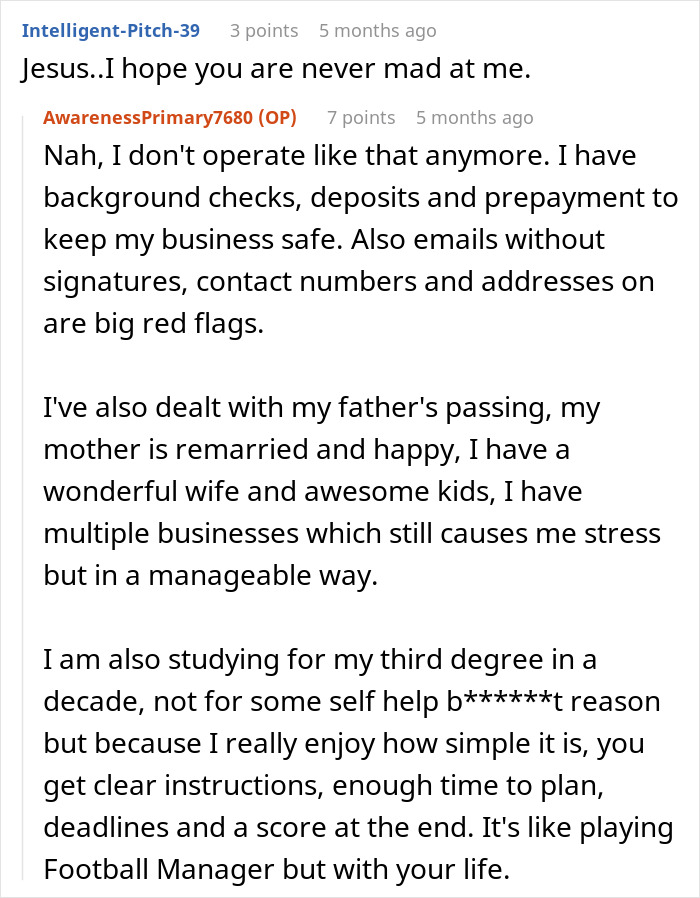 Reddit conversation about dealing with non-paying clients and personal growth over 8 years of revenge. Reddit conversation about dealing with non-paying clients and personal growth over 8 years of revenge.