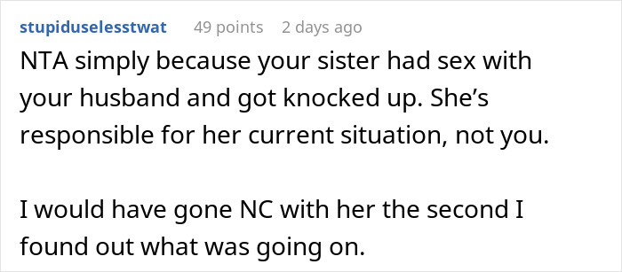 Reddit comment discussing consequences of a woman sleeping with her sister’s husband, suggesting she’s responsible. Reddit comment discussing consequences of a woman sleeping with her sister’s husband, suggesting she’s responsible.
