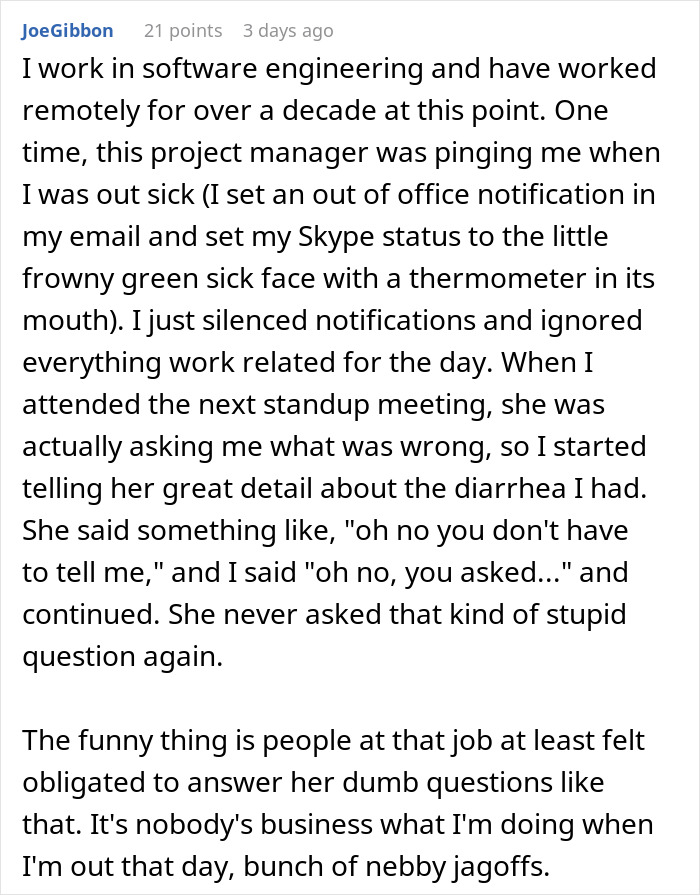 Text from social media about a guy handling an entitled coworker's question. Text from social media about a guy handling an entitled coworker's question.