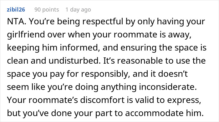 Reddit comment thread discussing relationship advice, focusing on respectful roommate arrangements. Reddit comment thread discussing relationship advice, focusing on respectful roommate arrangements.