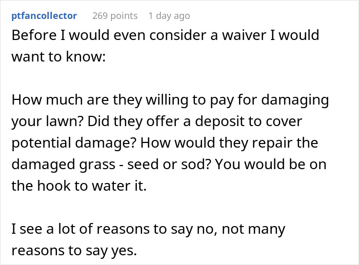 Comment discussing conditions for allowing neighbors' yard use, focusing on damage compensation and repair responsibilities. Comment discussing conditions for allowing neighbors' yard use, focusing on damage compensation and repair responsibilities.