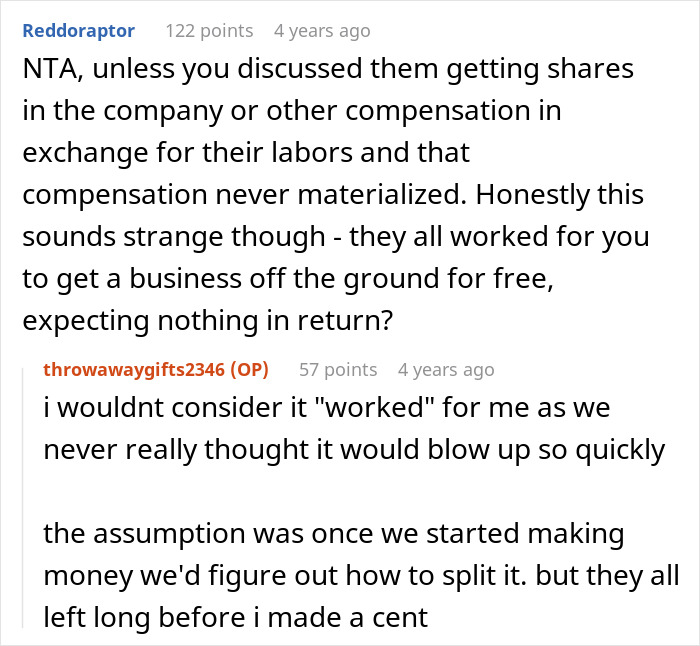 Discussion on business success and compensation with friends backing out early. Discussion on business success and compensation with friends backing out early.