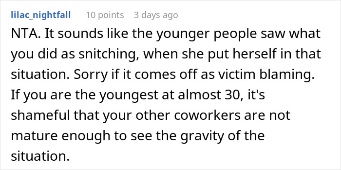 Text comment discussing age and maturity in response to calling an ambulance, mentioning coworkers. Text comment discussing age and maturity in response to calling an ambulance, mentioning coworkers.