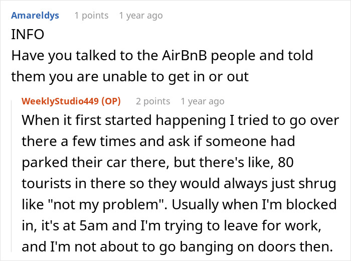 Comments discussing frustration over a car blocking a driveway. Comments discussing frustration over a car blocking a driveway.