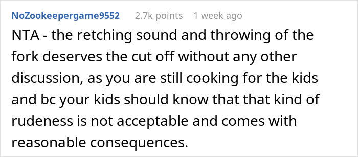 Comment discussing a husband's reaction during a cooking drama in a family setting. Comment discussing a husband's reaction during a cooking drama in a family setting.