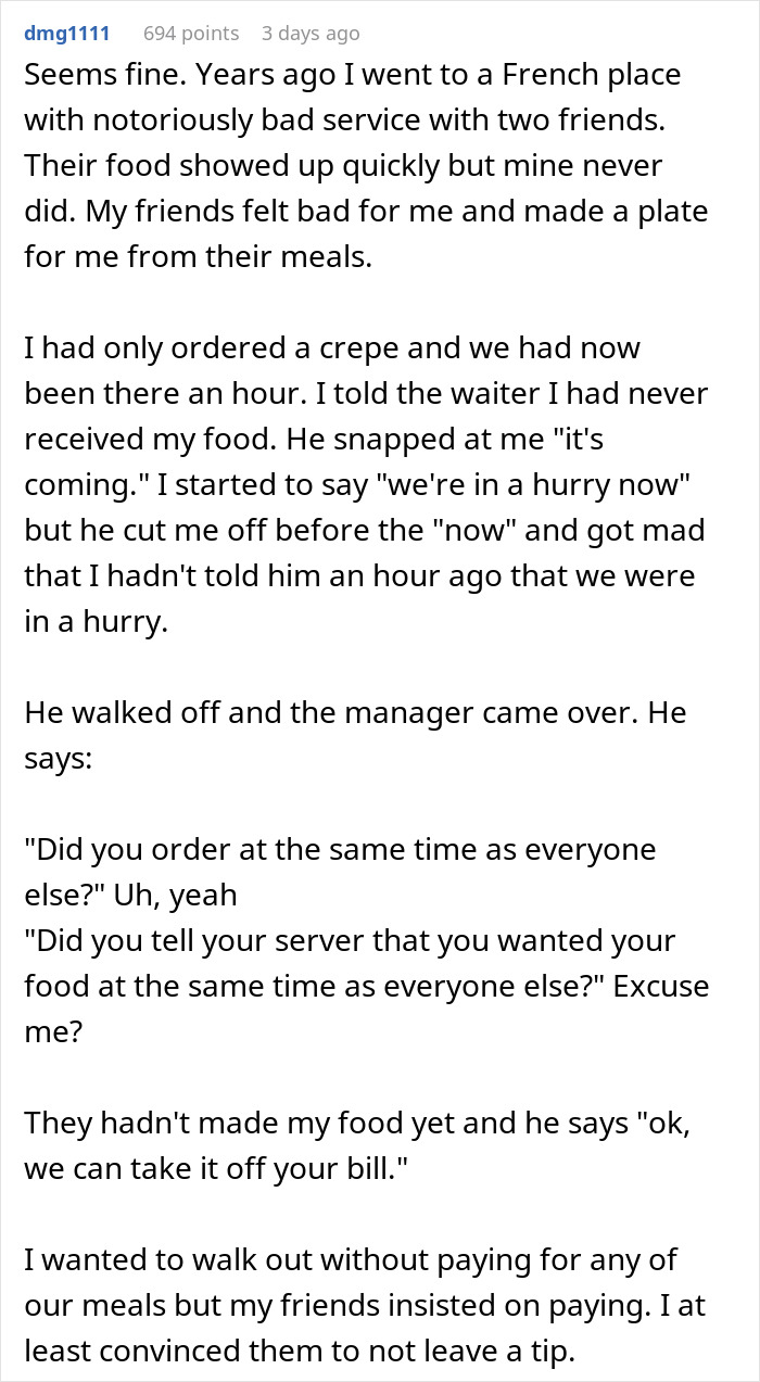 Text recounting a man's long wait for service at a French restaurant and ensuing dining experience. Text recounting a man's long wait for service at a French restaurant and ensuing dining experience.