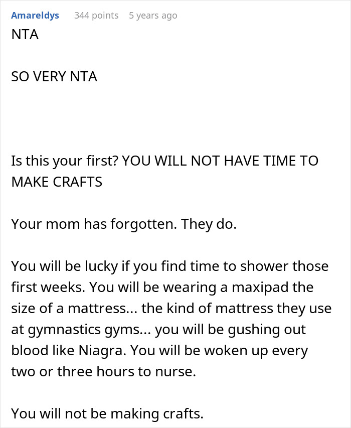 Comment discussing mom guilt, emphasizing lack of time for crafts after childbirth, mentioning postpartum challenges. Comment discussing mom guilt, emphasizing lack of time for crafts after childbirth, mentioning postpartum challenges.