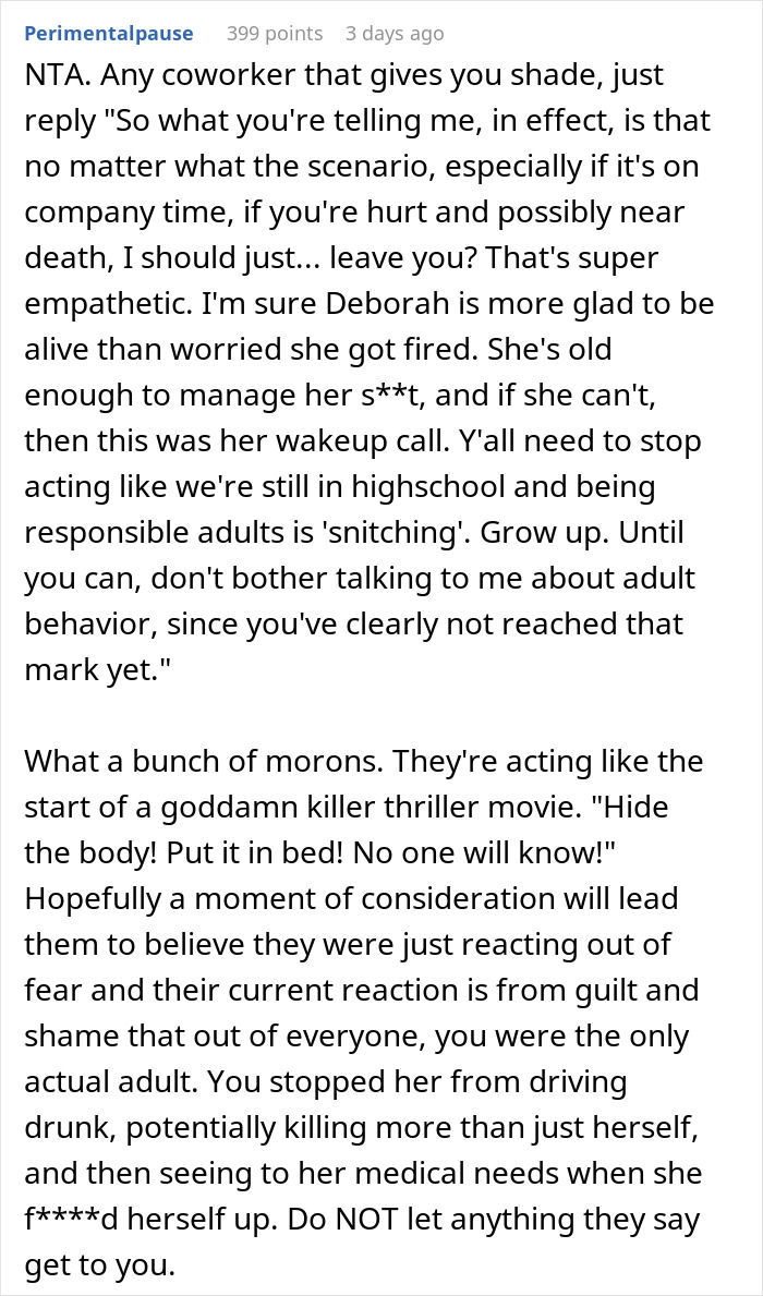Comment discussing a coworker fired after an ambulance call, addressing responsibility and maturity. Comment discussing a coworker fired after an ambulance call, addressing responsibility and maturity.