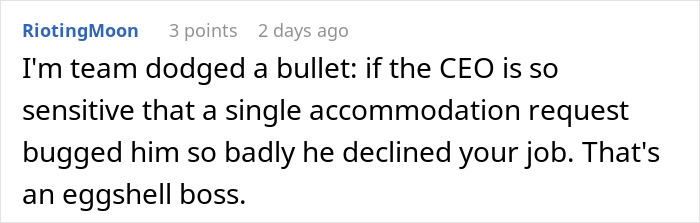 Comment discussing company sensitivity and job rejection over lunch preference. Comment discussing company sensitivity and job rejection over lunch preference.