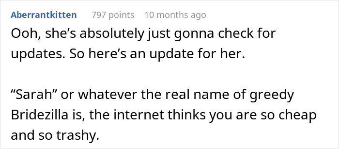 Comment criticizing a friend for refusing a wedding invitation, calling them greedy and trashy. Comment criticizing a friend for refusing a wedding invitation, calling them greedy and trashy.