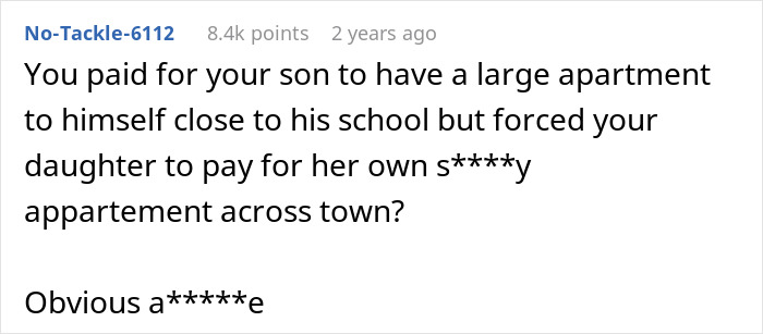 Reddit comment discussing unequal parental financial support for daughter and son. Reddit comment discussing unequal parental financial support for daughter and son.
