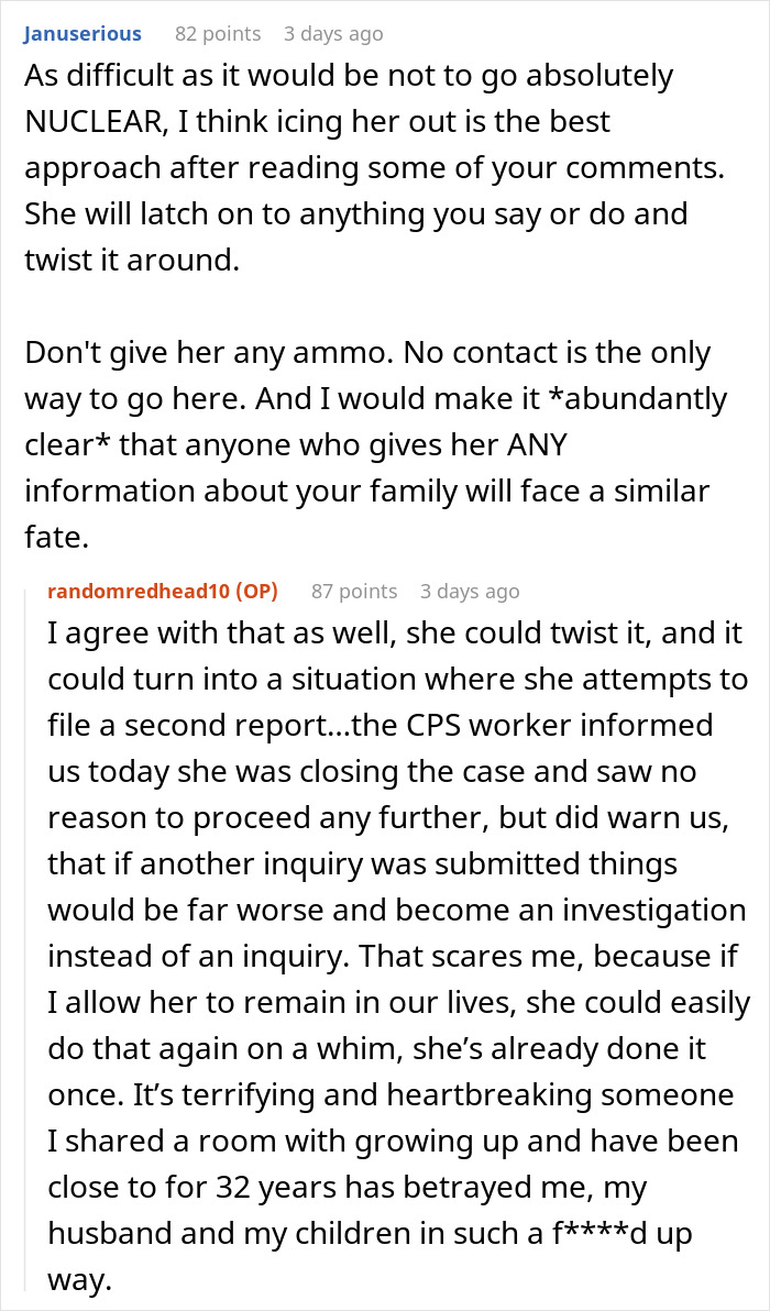 Reddit conversation text discussing a woman's shock after her sister's betrayal involving CPS. Reddit conversation text discussing a woman's shock after her sister's betrayal involving CPS.