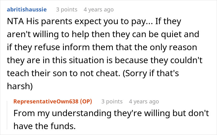 Reddit comments discussing a woman refusing financial support for husband's affair child's fund. Reddit comments discussing a woman refusing financial support for husband's affair child's fund.