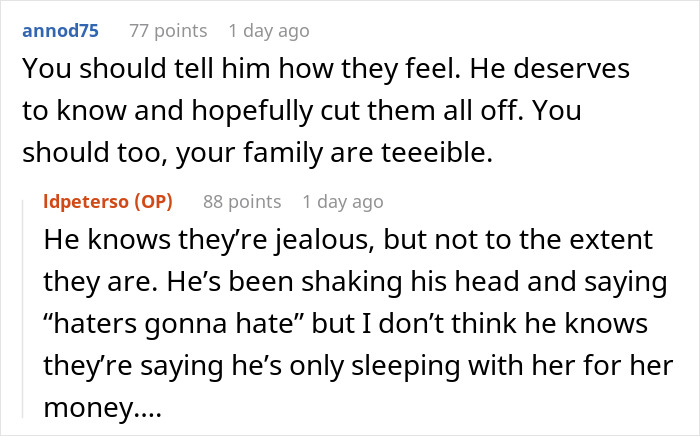 Reddit comments discussing family issues over dating someone wealthier. Reddit comments discussing family issues over dating someone wealthier.