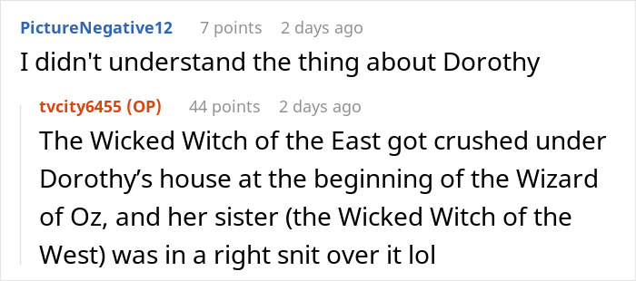 Text exchange discussing characters from The Wizard of Oz, focusing on Dorothy and the Wicked Witch. Text exchange discussing characters from The Wizard of Oz, focusing on Dorothy and the Wicked Witch.