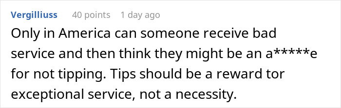 Text from a user comment discussing poor service and thoughts on not tipping in America. Text from a user comment discussing poor service and thoughts on not tipping in America.